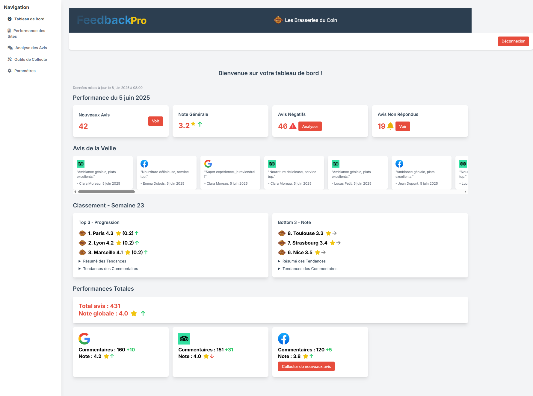 Aperçu du dashboard FeedbackPro